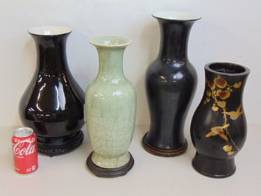4 Asian vases, green with crackle glaze, 13 7/8"; 2 black vases with white interiors, 13.25" &