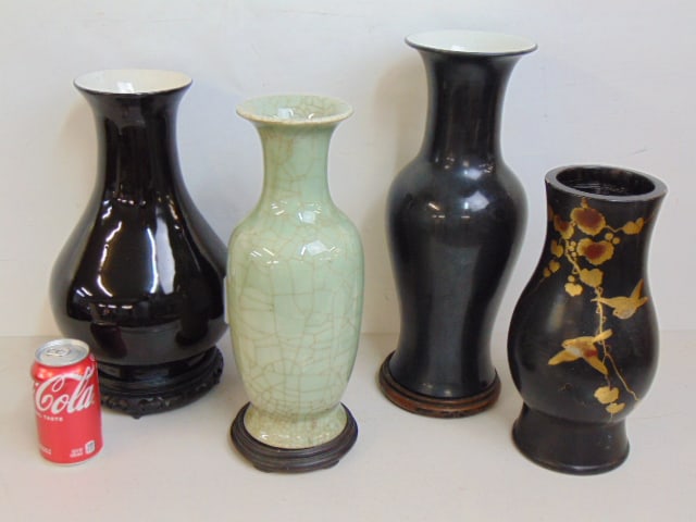 4 Asian vases, green with crackle glaze, 13 7/8"; 2 black vases with white interiors, 13.25" & (1 of 5)