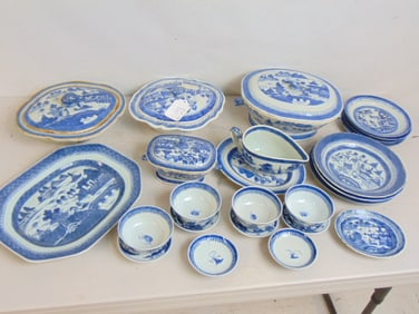 Lot Canton china, blue & white plates, cups, 3 covered bowls, more, see images