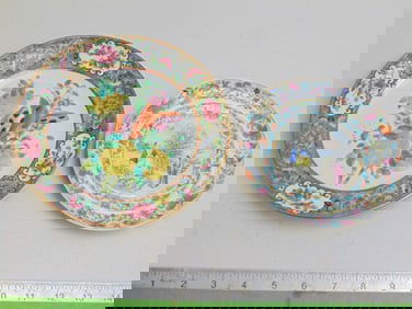2 small Rose Medallion plates, saucers, small one decorated with figural scene in center, high