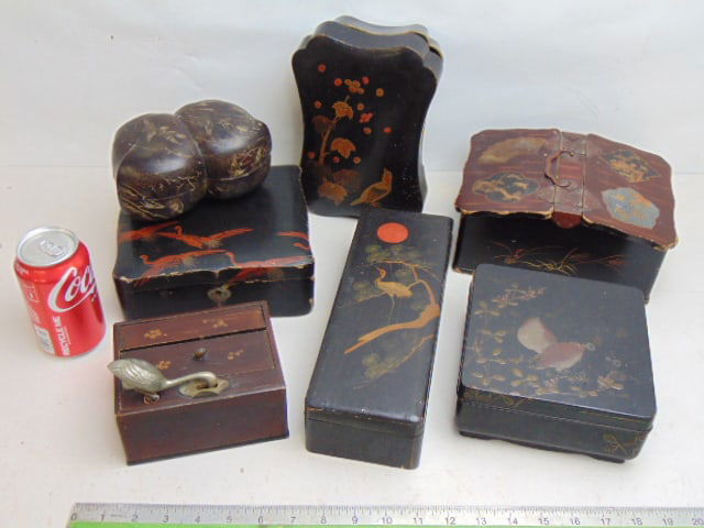 7 Chinese lacquered boxes including mechanical cigarette dispenser box with bird (as is), (1 of 9)