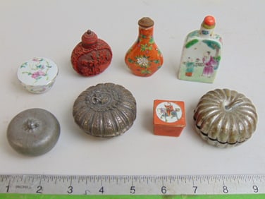 3 Chinese snuff bottles & 5 small metal & porcelain boxes, snuff bottles porcelain, one cinnabar
