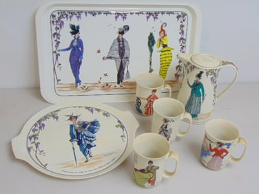 Lot Villeroy & Boch, pitcher with 4 mugs on serving tray, plus large plastic serving tray, 18.75" by