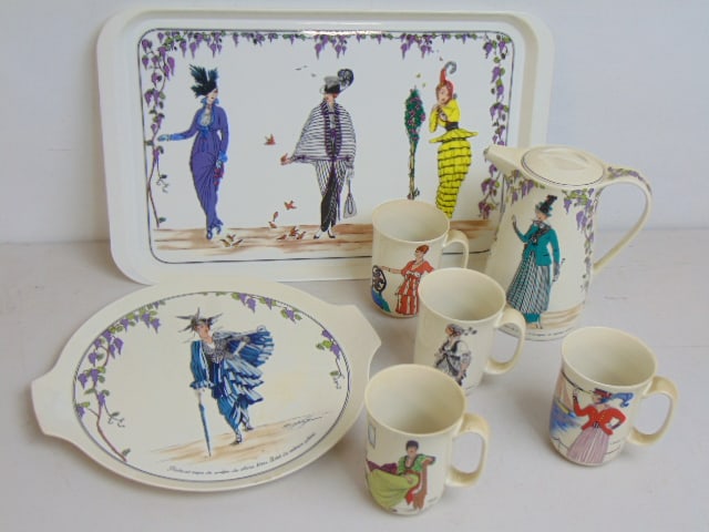 Lot Villeroy & Boch, pitcher with 4 mugs on serving tray, plus large plastic serving tray, 18.75" by (1 of 6)
