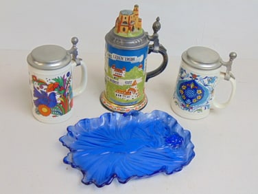 Mettlach stein, 2 Villeroy & Boch steins & blue glass figural art nouveau style dish, Mettlach stein