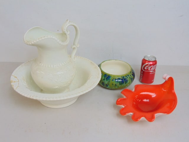 Murano glass bowl, art pottery bowl & early wash & bowl, (wash & bowl as is): Murano glass bowl, art pottery bowl & early wash & bowl, (wash & bowl as is)