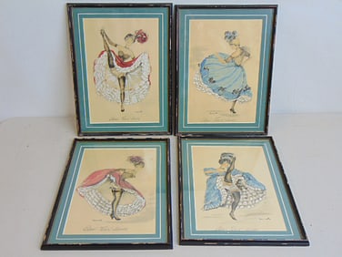 Set 4 prints, "Paris, French Cancan, signed Janicotte, each print (framed size) is 15 5/8" by 11.75"
