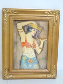 Small painting, portrait exotic dressed lady with pitcher, signed RHci, 1924, 9 3/8" by 7 3/8"
