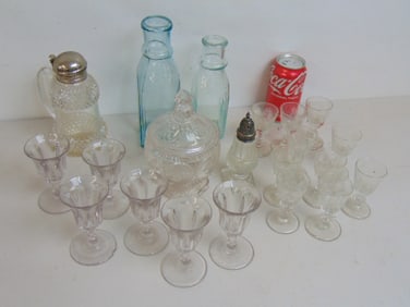 Lot early glass, sets of stems, covered bowl, bottles, more, 21 pieces, one "sorbet" style stem is