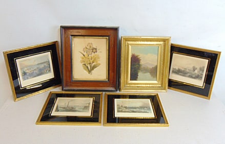 Art lot, 4 New York Bartlett prints, botanical print in Victorian walnut frame & painting, landscape