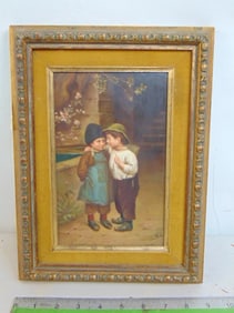 Painting (?) on porcelain, 2 young boys, stamp, mark on reverse is illegible, plaque is 8.75" by