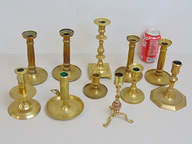 11 antique brass candle holders, sticks, includes one pair, tallest one is 8"