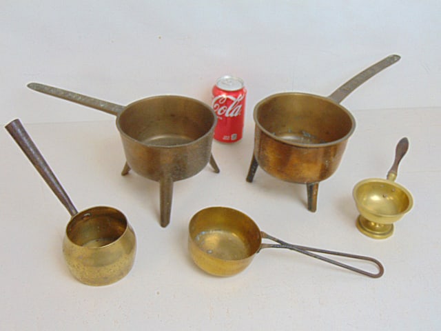 5 small pans, including two antique bronze skillets or ponets, one is marked "Warner 3P" other is (1 of 7)