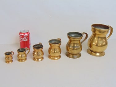 Lot 6 antique bell metal measures, quart, pint, 1/2 pint, Gill, 1/2 Gill, various sizes, various