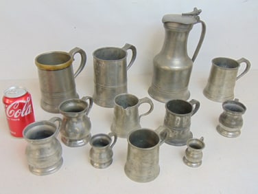 Lot 12 old Pewter tankards, various sizes, one with hinged lid is 10.75"