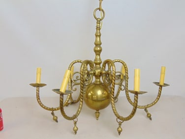 Brass chandelier, hanging fixture, 6 arms in spiral form, fixture is 29" in diameter, 25" tall (plus