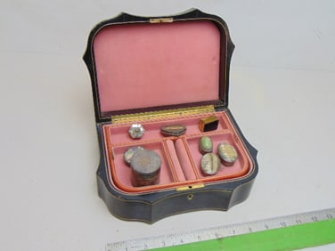 Jewelry box with ;leather exterior & 8 small silver, mother of pearl etc. boxes, jewelry box is 10"