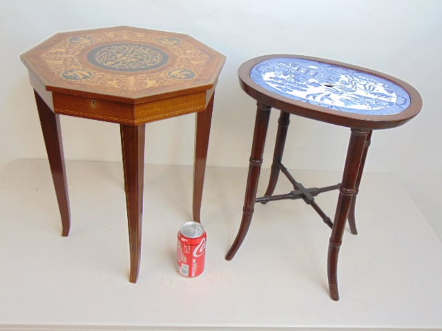 2 small stands, inlaid music box stand & stand with blue Willow porcelain top, height is 18.25" & (1 of 5)