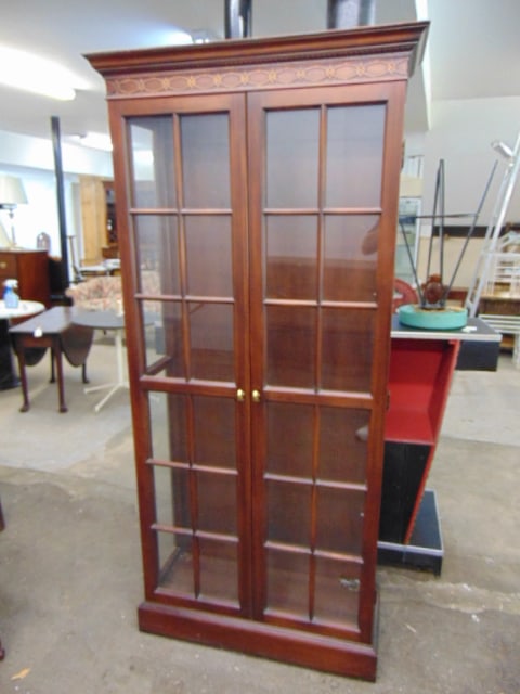 Display cabinet, missing shelves, cabinet is 37.75" wide, 80.5" tall. 1980's: Display cabinet, missing shelves, cabinet is 37.75" wide, 80.5" tall. 1980's