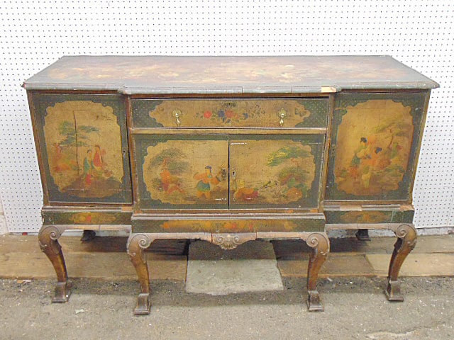 Chinois sideboard, decorated with various scenes, 61.5" wide, 24.5" deep, height is 39", some loss (1 of 5)