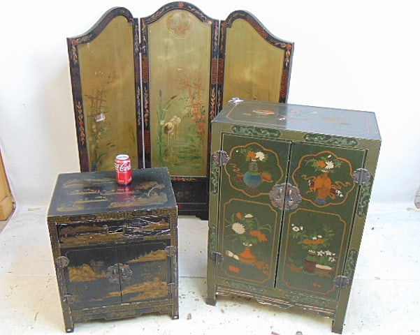 3 lacquered Chinese pieces, 2 cabinets 7 screen, large cabinet is floral decorated and is 25" by (1 of 8)