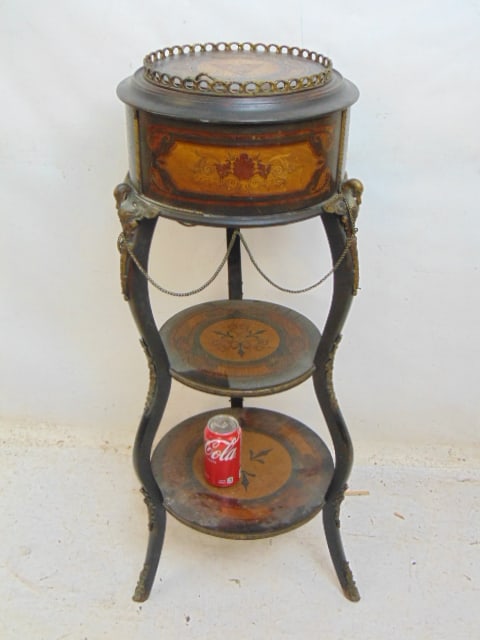 Bronze mounted inlaid 19th Century pedestal stand, with two lower tiers, height is 37.5", diameter: Bronze mounted inlaid 19th Century pedestal stand, with two lower tiers, height is 37.5", diameter is 13.5"