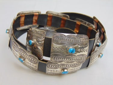 Sterling Navajo Turquoise concho belt, 12 individual conchos each w/ turquoise stone, stamp work,