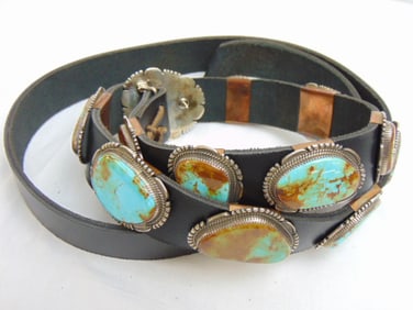 Sterling Vintage Navajo Running Bear Turquoise belt, hallmark RB sterling, 13 individual conches set