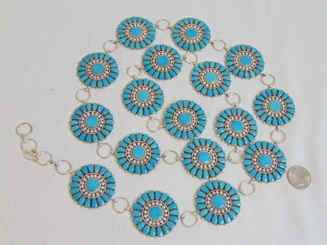 Sterling Turquoise concho belt signed HDS sterling, 17 individual conches, total weight 9 troy oz,: Sterling Turquoise concho belt signed HDS sterling, 17 individual conches, total weight 9 troy oz, 44" total length