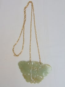 Jewelry. Jade carved butterfly necklace/pendant w/ gold tone link chain, butterfly is 3 7/8" x 2