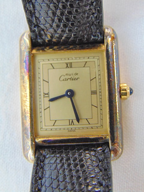 Jewelry. Vintage Cartier Must de wristwatch, Paris, original wristband sgd. Cartier, Swiss, Quartz,: Jewelry. Vintage Cartier Must de wristwatch, Paris, original wristband sgd. Cartier, Swiss, Quartz, 366001 14080 face is in good condition, blue cabochon dial, no statements to the working condition o