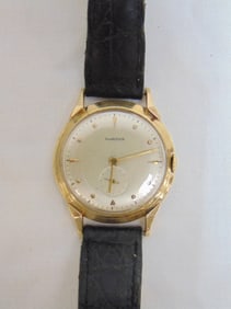 Jewelry. Vintage Blancpain 14kt yellow gold wristwatch, 23 grams total weight, strap is leather, no