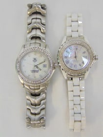 Jewelry. (2) Lady's wristwatch Karamica diamond bezel ceramic MOP face 25mm size face & TAG HEUER CZ