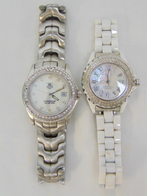 Jewelry. (2) Lady's wristwatch Karamica diamond bezel ceramic MOP face 25mm size face & TAG HEUER CZ (1 of 6)