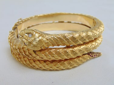 Jewelry. Vintage 14kt Gold Snake bangle, bracelet diamond eyes ruby tail, 81.25 grams , textured
