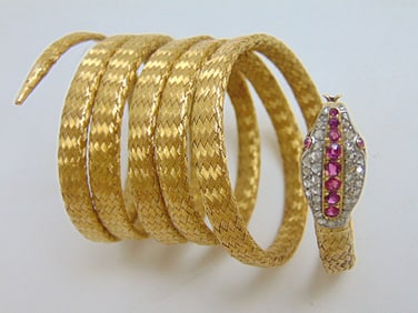 Jewelry. Vintage 18kt gold Snake bracelet diamond & ruby snake head coil body, 73. 95 grams