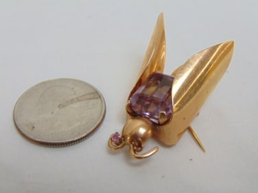 Jewelry. Vintage 14kt rose gold bug pin, 10.90 grams, square amethyst stone w/ one pink gem stone