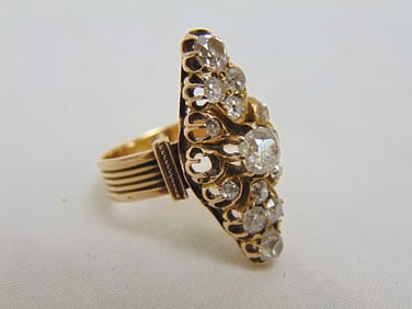 Jewelry. Victorian Navette Diamond ring, 6.50 grams, center diamond approx. size 5 1/2, tested 14k,