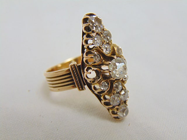 Jewelry. Victorian Navette Diamond ring, 6.50 grams, center diamond approx. size 5 1/2, tested 14k, (1 of 5)
