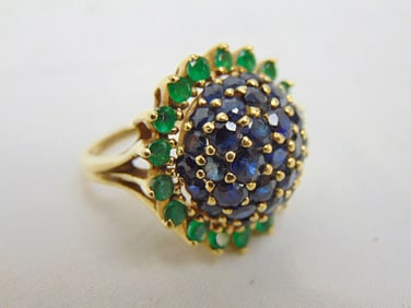 Jewelry. Vintage Gold Sapphire Emerald cocktail ring, 13.20 grams, tested 14kt, size 7