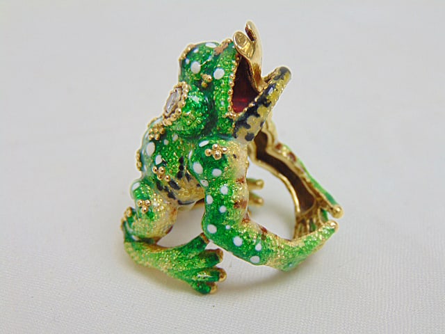 Jewelry. 18kt yellow gold enamel Frog ring diamond eyes, 26.70 grams, size 6, tested for 18k, (1 of 9)