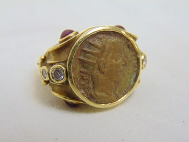 Jewelry. 18kt yellow gold coin ring w/ diamonds & pink cabochon gemstones, 17.40 grams, size 5 3/4