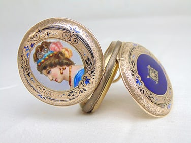 Jewelry. Antique Enamel portrait pocket watch, gold filled.