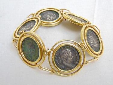 Jewelry. Gold 14kt Roman Coin bracelet, 52.65 grams, six individual bezel set coins