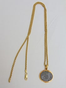 Jewelry. Gold Coin pendant, necklace 22k pendant w/ 14kt chain, 14.65 grams chain only. 7.74 grams