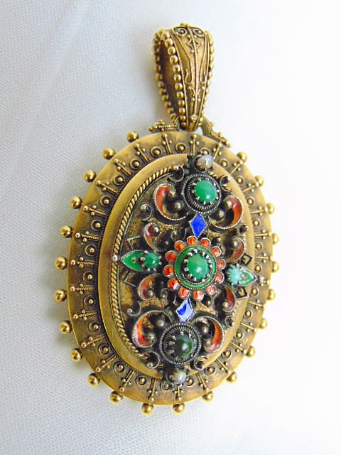 Jewelry. Victorian Gold hair locket w/ gemstones, 19.75 grams, tested for 18kt gold, 2 1/8" length: Jewelry. Victorian Gold hair locket w/ gemstones, 19.75 grams, tested for 18kt gold, 2 1/8" length includes bail,