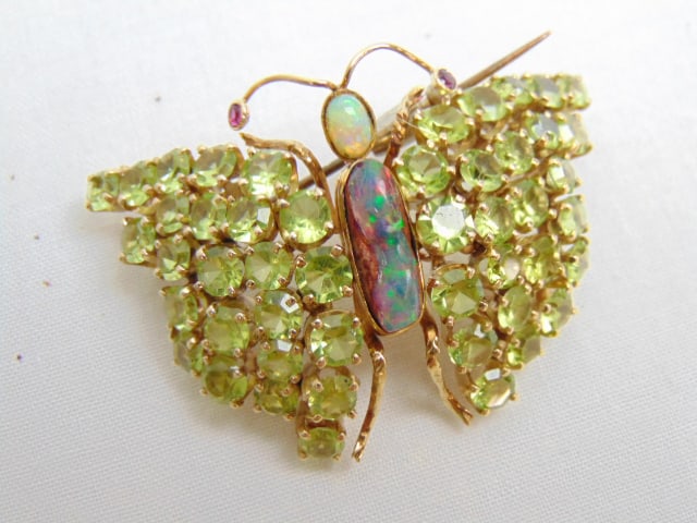 Jewelry. Opal Peridot 10kt butterfly pin w/ ruby eyes, 20.35 grams (1 of 4)