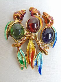 Jewelry. 14kt gold enamel parrot pin w/ cabochon gemstones