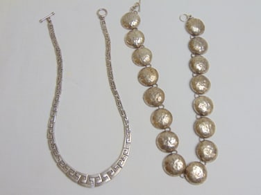 Jewelry. (2) Sterling Mexico necklaces, modern round hammered design 2.90 troy oz Mexico 950 & Greek