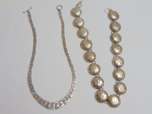 Jewelry. (2) Sterling Mexico necklaces, modern round hammered design 2.90 troy oz Mexico 950 & Greek (1 of 5)